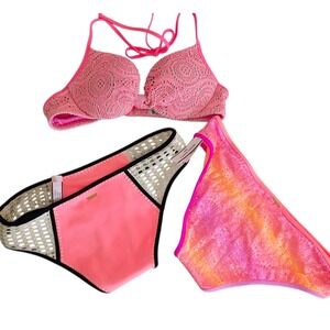 Victorias Secret Bikini Set Push Up Top 2 Bottoms Neon Pink Orange Small NWT